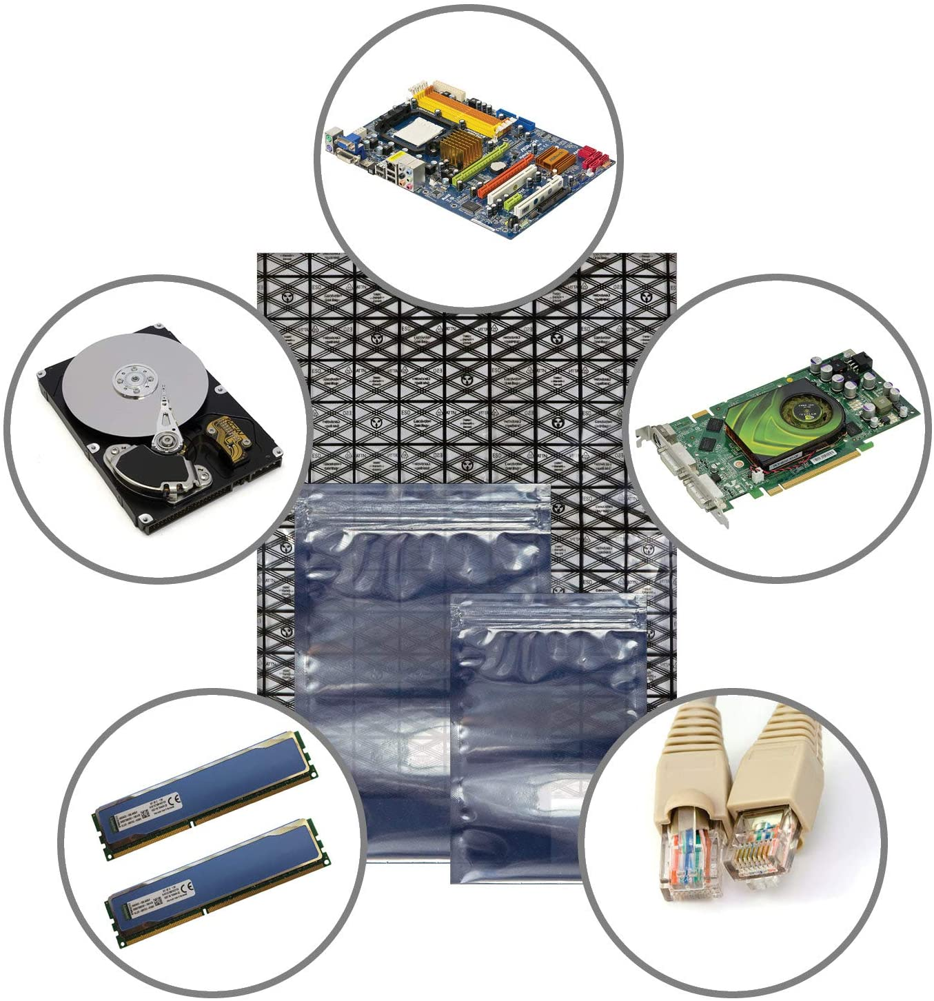 Saco ESD Sacos de blindagem de alumínio antiestático para proteção de componentes eletrônicos
